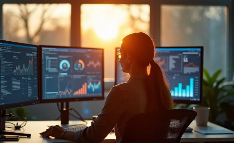 In einem hell erleuchteten, modernen Büro sitzt eine nachdenkliche Frau vor mehreren Bildschirmen mit Datenvisualisierungen, während warme Sonnenstrahlen sanft durch große Fenster fallen und eine Atmosphäre von Vertrautheit und technischer Spannung schaffen.