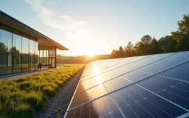 Ein strahlend helles, modernes Rechenzentrum mit gläsernen Fassaden, beleuchtet von warmem Tageslicht, in dem glatte Glasfaserkabel und nachhaltige Solarpanels harmonisch ineinandergreifen und so die zukunftsweisende Verbindung von grüner Energie und Highspeed-Dateninfrastruktur sichtbar machen.