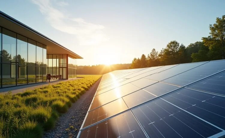 Ein strahlend helles, modernes Rechenzentrum mit gläsernen Fassaden, beleuchtet von warmem Tageslicht, in dem glatte Glasfaserkabel und nachhaltige Solarpanels harmonisch ineinandergreifen und so die zukunftsweisende Verbindung von grüner Energie und Highspeed-Dateninfrastruktur sichtbar machen.