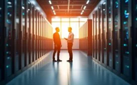 Ein strahlend helles, editorial-gestyltes Foto eines modernen Rechenzentrums mit klar sichtbaren Serverreihen, sanftes Tageslicht durch große Fenster, warmes Lichtspiel auf glatten Metallflächen und konzentrierte IT-Profis bei der Arbeit, das die harmonische Verbindung von Hightech und nachhaltigem, effizientem Infrastrukturmanagement emotional und optimistisch einfängt.