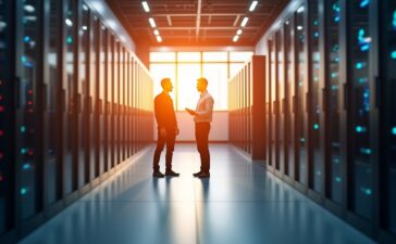 Ein strahlend helles, editorial-gestyltes Foto eines modernen Rechenzentrums mit klar sichtbaren Serverreihen, sanftes Tageslicht durch große Fenster, warmes Lichtspiel auf glatten Metallflächen und konzentrierte IT-Profis bei der Arbeit, das die harmonische Verbindung von Hightech und nachhaltigem, effizientem Infrastrukturmanagement emotional und optimistisch einfängt.