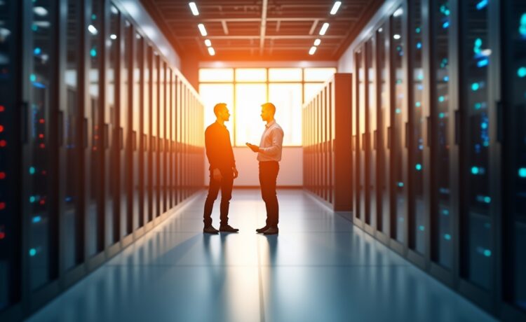 Ein strahlend helles, editorial-gestyltes Foto eines modernen Rechenzentrums mit klar sichtbaren Serverreihen, sanftes Tageslicht durch große Fenster, warmes Lichtspiel auf glatten Metallflächen und konzentrierte IT-Profis bei der Arbeit, das die harmonische Verbindung von Hightech und nachhaltigem, effizientem Infrastrukturmanagement emotional und optimistisch einfängt.