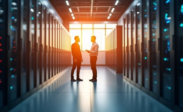 Ein strahlend helles, editorial-gestyltes Foto eines modernen Rechenzentrums mit klar sichtbaren Serverreihen, sanftes Tageslicht durch große Fenster, warmes Lichtspiel auf glatten Metallflächen und konzentrierte IT-Profis bei der Arbeit, das die harmonische Verbindung von Hightech und nachhaltigem, effizientem Infrastrukturmanagement emotional und optimistisch einfängt.