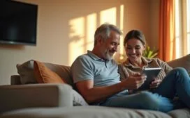 In einem modernen, lichtdurchfluteten Wohnzimmer zeigt ein warm lächelndes Paar entspannt die Bedienung eines smarten Tablets, umgeben von dezent integrierten, stylishen Smart-Home-Geräten in harmonischer Eleganz – ein atmosphärisch authentisches Bild der vernetzten Zukunft im heimischen Alltag.