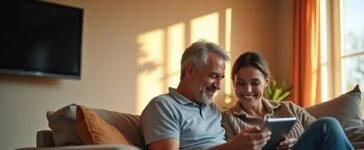 In einem modernen, lichtdurchfluteten Wohnzimmer zeigt ein warm lächelndes Paar entspannt die Bedienung eines smarten Tablets, umgeben von dezent integrierten, stylishen Smart-Home-Geräten in harmonischer Eleganz – ein atmosphärisch authentisches Bild der vernetzten Zukunft im heimischen Alltag.