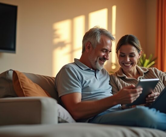 In einem modernen, lichtdurchfluteten Wohnzimmer zeigt ein warm lächelndes Paar entspannt die Bedienung eines smarten Tablets, umgeben von dezent integrierten, stylishen Smart-Home-Geräten in harmonischer Eleganz – ein atmosphärisch authentisches Bild der vernetzten Zukunft im heimischen Alltag.