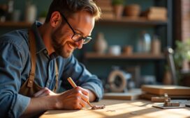 Eine warme, sonnendurchflutete Aufnahme eines modernen Erfinderarbeitsplatzes mit einem fokussierten Unternehmer, der lächelnd an einem kleinen technischen Prototyp arbeitet, umgeben von schlichtem Werkzeug und fein gearbeiteten Bauteilen, die symbolisch die Kraft kleiner Innovationen und ihre große Wirkung auf Märkte und Technologien widerspiegeln.