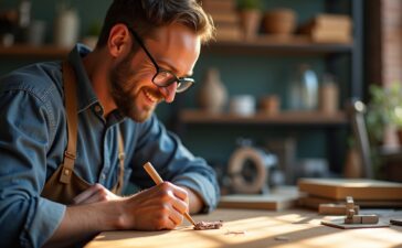 Eine warme, sonnendurchflutete Aufnahme eines modernen Erfinderarbeitsplatzes mit einem fokussierten Unternehmer, der lächelnd an einem kleinen technischen Prototyp arbeitet, umgeben von schlichtem Werkzeug und fein gearbeiteten Bauteilen, die symbolisch die Kraft kleiner Innovationen und ihre große Wirkung auf Märkte und Technologien widerspiegeln.
