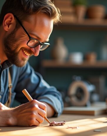 Eine warme, sonnendurchflutete Aufnahme eines modernen Erfinderarbeitsplatzes mit einem fokussierten Unternehmer, der lächelnd an einem kleinen technischen Prototyp arbeitet, umgeben von schlichtem Werkzeug und fein gearbeiteten Bauteilen, die symbolisch die Kraft kleiner Innovationen und ihre große Wirkung auf Märkte und Technologien widerspiegeln.