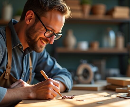 Eine warme, sonnendurchflutete Aufnahme eines modernen Erfinderarbeitsplatzes mit einem fokussierten Unternehmer, der lächelnd an einem kleinen technischen Prototyp arbeitet, umgeben von schlichtem Werkzeug und fein gearbeiteten Bauteilen, die symbolisch die Kraft kleiner Innovationen und ihre große Wirkung auf Märkte und Technologien widerspiegeln.