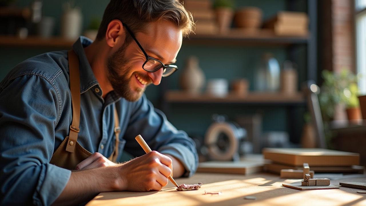 Eine warme, sonnendurchflutete Aufnahme eines modernen Erfinderarbeitsplatzes mit einem fokussierten Unternehmer, der lächelnd an einem kleinen technischen Prototyp arbeitet, umgeben von schlichtem Werkzeug und fein gearbeiteten Bauteilen, die symbolisch die Kraft kleiner Innovationen und ihre große Wirkung auf Märkte und Technologien widerspiegeln.