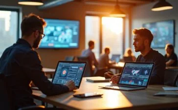 In einem modernen, lichtdurchfluteten Büro mit warmen Holztönen und natürlichem Tageslicht sitzen konzentrierte Entwickler entspannt an ihren Laptops, während elegante Bildschirme im Hintergrund dynamische Datenvisualisierungen und KI-Algorithmen zeigen – ein lebendiges Sinnbild für innovative Technologien und die zukunftsweisende Integration künstlicher Intelligenz in Microsofts SQL Server 2025.