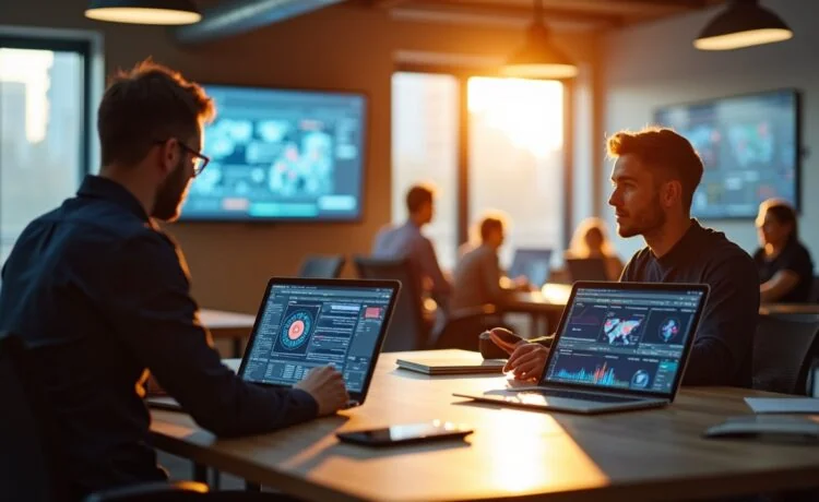 In einem modernen, lichtdurchfluteten Büro mit warmen Holztönen und natürlichem Tageslicht sitzen konzentrierte Entwickler entspannt an ihren Laptops, während elegante Bildschirme im Hintergrund dynamische Datenvisualisierungen und KI-Algorithmen zeigen – ein lebendiges Sinnbild für innovative Technologien und die zukunftsweisende Integration künstlicher Intelligenz in Microsofts SQL Server 2025.
