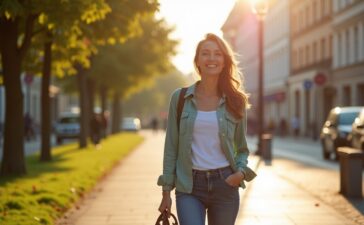 Eine sonnendurchflutete Großstadtszene zeigt eine lächelnde Frau, die entspannt auf einem schattigen Gehweg spaziert, umgeben von üppigem Grün und eleganten Gebäuden, während das warme, natürliche Licht sanfte Kontraste und eine freundliche Atmosphäre schafft.