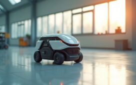 Ein strahlend heller, realistisch wirkender Moment in einem modernen Labor: Ein futuristisch-modularer Roboter mit klaren Linien und adaptiver Mechanik rollt und geht geschmeidig über eine helle, naturnah beleuchtete Oberfläche, während freundliches Tageslicht sanft durch große Fenster fällt und eine warme, einladende Atmosphäre schafft.