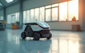 Ein strahlend heller, realistisch wirkender Moment in einem modernen Labor: Ein futuristisch-modularer Roboter mit klaren Linien und adaptiver Mechanik rollt und geht geschmeidig über eine helle, naturnah beleuchtete Oberfläche, während freundliches Tageslicht sanft durch große Fenster fällt und eine warme, einladende Atmosphäre schafft.