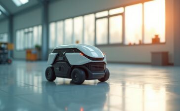 Ein strahlend heller, realistisch wirkender Moment in einem modernen Labor: Ein futuristisch-modularer Roboter mit klaren Linien und adaptiver Mechanik rollt und geht geschmeidig über eine helle, naturnah beleuchtete Oberfläche, während freundliches Tageslicht sanft durch große Fenster fällt und eine warme, einladende Atmosphäre schafft.