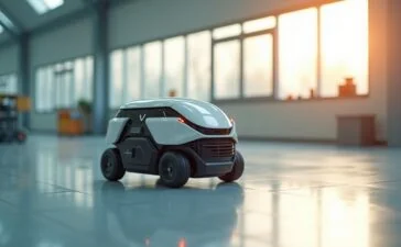 Ein strahlend heller, realistisch wirkender Moment in einem modernen Labor: Ein futuristisch-modularer Roboter mit klaren Linien und adaptiver Mechanik rollt und geht geschmeidig über eine helle, naturnah beleuchtete Oberfläche, während freundliches Tageslicht sanft durch große Fenster fällt und eine warme, einladende Atmosphäre schafft.