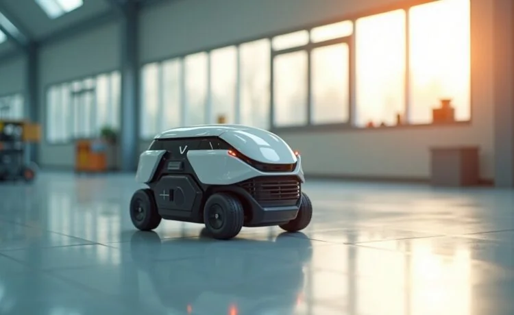 Ein strahlend heller, realistisch wirkender Moment in einem modernen Labor: Ein futuristisch-modularer Roboter mit klaren Linien und adaptiver Mechanik rollt und geht geschmeidig über eine helle, naturnah beleuchtete Oberfläche, während freundliches Tageslicht sanft durch große Fenster fällt und eine warme, einladende Atmosphäre schafft.