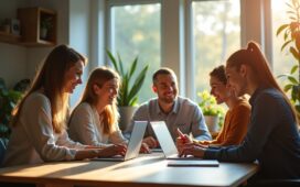 Ein strahlend helles, natürlich beleuchtetes Büro mit einem konzentrierten, sympathisch lächelnden Team aus vielfältigen Tech-Expert:innen, die an modernen Laptops und interaktiven Bildschirmen zusammenarbeiten, umgeben von Pflanzen und warmen Holzakzenten, die innovative KI-Entwicklung und eine aufstrebende Zukunftstechnologie unter Jeff Bezos’ Führung einfühlsam visualisieren.