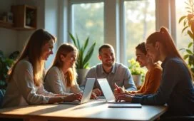 Ein strahlend helles, natürlich beleuchtetes Büro mit einem konzentrierten, sympathisch lächelnden Team aus vielfältigen Tech-Expert:innen, die an modernen Laptops und interaktiven Bildschirmen zusammenarbeiten, umgeben von Pflanzen und warmen Holzakzenten, die innovative KI-Entwicklung und eine aufstrebende Zukunftstechnologie unter Jeff Bezos’ Führung einfühlsam visualisieren.