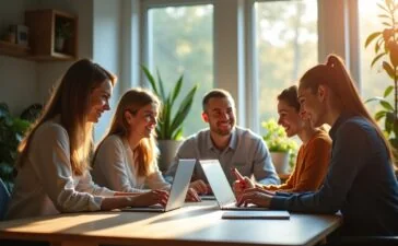 Ein strahlend helles, natürlich beleuchtetes Büro mit einem konzentrierten, sympathisch lächelnden Team aus vielfältigen Tech-Expert:innen, die an modernen Laptops und interaktiven Bildschirmen zusammenarbeiten, umgeben von Pflanzen und warmen Holzakzenten, die innovative KI-Entwicklung und eine aufstrebende Zukunftstechnologie unter Jeff Bezos’ Führung einfühlsam visualisieren.