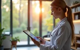 Ein sonnendurchflutetes modernes Arztzimmer mit einer einfühlsamen Kardiologin, die konzentriert auf einem Tablet KI-gestützte Herzdaten analysiert, umgeben von natürlichem Tageslicht und warmen Holzakzenten, die eine hoffnungsvolle Zukunft der Herzinfarktfrüherkennung symbolisieren.