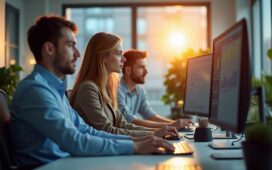 Helles, natürlich beleuchtetes Bürozimmer mit konzentrierten IT-Experten vor mehreren Bildschirmen, die in lebhaftem Dialog vertieft sind, umgeben von moderner Technik und warmem Tageslicht, das eine freundliche und zugleich spannungsgeladene Atmosphäre vermittelt.