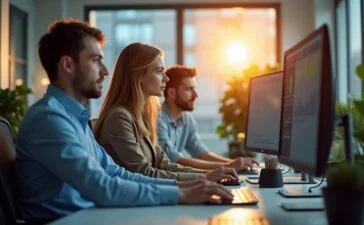 Helles, natürlich beleuchtetes Bürozimmer mit konzentrierten IT-Experten vor mehreren Bildschirmen, die in lebhaftem Dialog vertieft sind, umgeben von moderner Technik und warmem Tageslicht, das eine freundliche und zugleich spannungsgeladene Atmosphäre vermittelt.