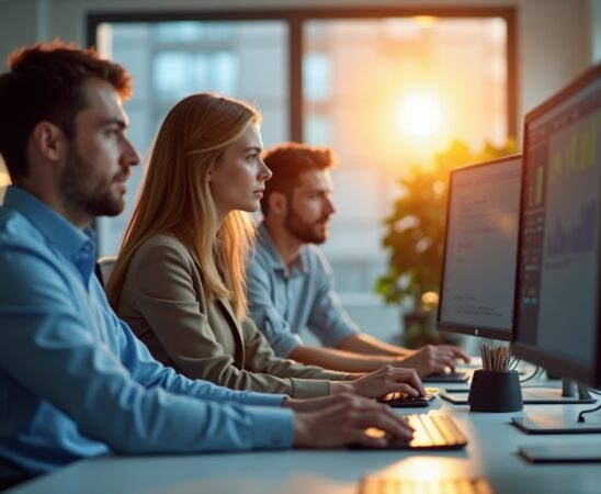 Helles, natürlich beleuchtetes Bürozimmer mit konzentrierten IT-Experten vor mehreren Bildschirmen, die in lebhaftem Dialog vertieft sind, umgeben von moderner Technik und warmem Tageslicht, das eine freundliche und zugleich spannungsgeladene Atmosphäre vermittelt.