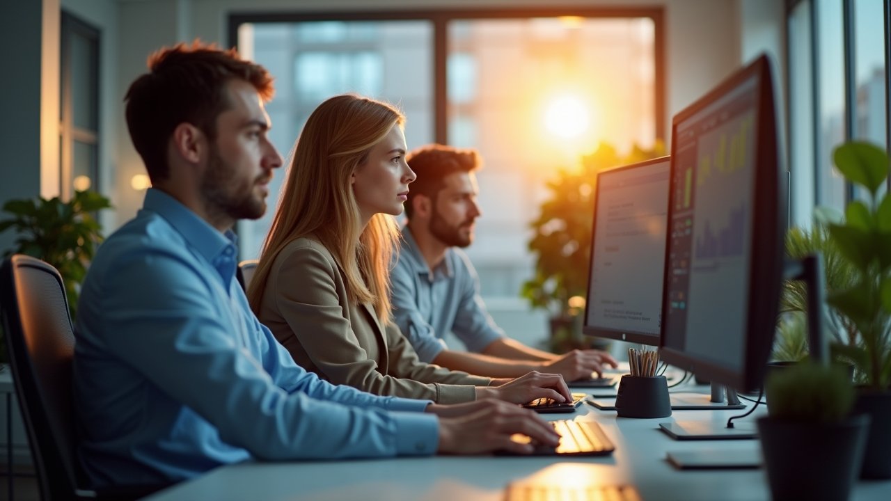 Helles, natürlich beleuchtetes Bürozimmer mit konzentrierten IT-Experten vor mehreren Bildschirmen, die in lebhaftem Dialog vertieft sind, umgeben von moderner Technik und warmem Tageslicht, das eine freundliche und zugleich spannungsgeladene Atmosphäre vermittelt.