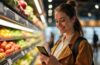Eine warme, einladende Szene in einem hell erleuchteten Supermarkt, in der eine lächelnde junge Frau mit Einkaufswagen und Smartphone in der Hand aufmerksam eine digitale Einkaufsliste prüft, umgeben von frischen, bunten Lebensmitteln und natürlichem Tageslicht, das freundliche Stimmung und effiziente, KI-gestützte Einkaufshilfe visualisiert.