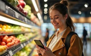 Eine warme, einladende Szene in einem hell erleuchteten Supermarkt, in der eine lächelnde junge Frau mit Einkaufswagen und Smartphone in der Hand aufmerksam eine digitale Einkaufsliste prüft, umgeben von frischen, bunten Lebensmitteln und natürlichem Tageslicht, das freundliche Stimmung und effiziente, KI-gestützte Einkaufshilfe visualisiert.