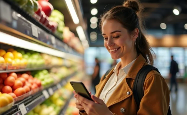 Eine warme, einladende Szene in einem hell erleuchteten Supermarkt, in der eine lächelnde junge Frau mit Einkaufswagen und Smartphone in der Hand aufmerksam eine digitale Einkaufsliste prüft, umgeben von frischen, bunten Lebensmitteln und natürlichem Tageslicht, das freundliche Stimmung und effiziente, KI-gestützte Einkaufshilfe visualisiert.