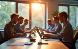 Ein modernes, hell erleuchtetes Büro mit motivierten Mitarbeitenden in entspannter Atmosphäre, die an Laptops und Tablets arbeiten; natürliche Tageslichtstimmung betont einen freundlichen, warmen Workflow zwischen Mensch und innovativer KI-Technologie, die unbemerkt im Hintergrund den digitalen Arbeitsalltag prägt.