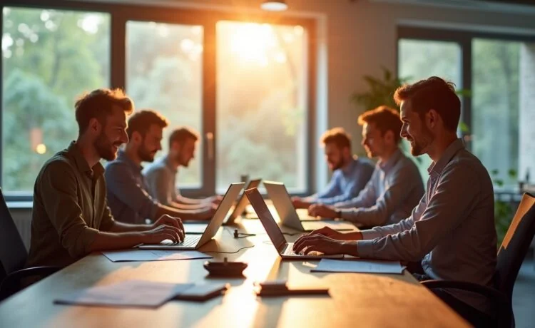 Ein modernes, hell erleuchtetes Büro mit motivierten Mitarbeitenden in entspannter Atmosphäre, die an Laptops und Tablets arbeiten; natürliche Tageslichtstimmung betont einen freundlichen, warmen Workflow zwischen Mensch und innovativer KI-Technologie, die unbemerkt im Hintergrund den digitalen Arbeitsalltag prägt.
