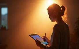 Ein strahlend helles, natürlich beleuchtetes Fotostudio zeigt eine Fotografin mitten im kreativen Arbeitsprozess, wie sie konzentriert auf ihrem modernen Tablet eine Bildbearbeitung mit warmem Licht und lebendigen Farben vornimmt – symbolisch für die neue Ära KI-gestützter Retusche in Adobe Lightroom.