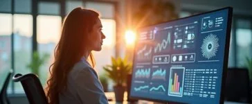 In einem hell erleuchteten, modernen Büro sitzt eine junge Meta-Mitarbeiterin konzentriert vor einem großen Bildschirm, auf dem dezent KI-gestützte Analysen sichtbar sind, während warmes Tageslicht durch große Fenster fällt und eine Atmosphäre von Innovation, Zusammenarbeit und leiser Spannung inmitten des digitalen Wandels schafft.