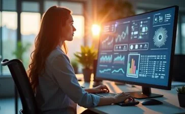 In einem hell erleuchteten, modernen Büro sitzt eine junge Meta-Mitarbeiterin konzentriert vor einem großen Bildschirm, auf dem dezent KI-gestützte Analysen sichtbar sind, während warmes Tageslicht durch große Fenster fällt und eine Atmosphäre von Innovation, Zusammenarbeit und leiser Spannung inmitten des digitalen Wandels schafft.