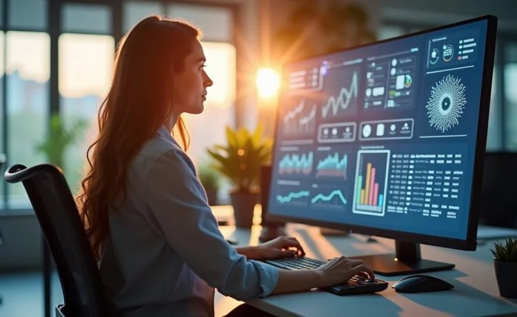 In einem hell erleuchteten, modernen Büro sitzt eine junge Meta-Mitarbeiterin konzentriert vor einem großen Bildschirm, auf dem dezent KI-gestützte Analysen sichtbar sind, während warmes Tageslicht durch große Fenster fällt und eine Atmosphäre von Innovation, Zusammenarbeit und leiser Spannung inmitten des digitalen Wandels schafft.