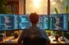 Ein strahlend helles, natürlich beleuchtetes Büro mit einem konzentrierten Softwareentwickler vor einem mehrbildrigen Bildschirm voller farbiger Codezeilen und Datenvisualisierungen, umgeben von warmem Holz und lebendig grünen Pflanzen, das die komplexe, menschlich-unterstützte KI-gestützte Malware-Erkennung in einer modernen, einladenden Arbeitsumgebung authentisch widerspiegelt.