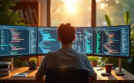 Ein strahlend helles, natürlich beleuchtetes Büro mit einem konzentrierten Softwareentwickler vor einem mehrbildrigen Bildschirm voller farbiger Codezeilen und Datenvisualisierungen, umgeben von warmem Holz und lebendig grünen Pflanzen, das die komplexe, menschlich-unterstützte KI-gestützte Malware-Erkennung in einer modernen, einladenden Arbeitsumgebung authentisch widerspiegelt.