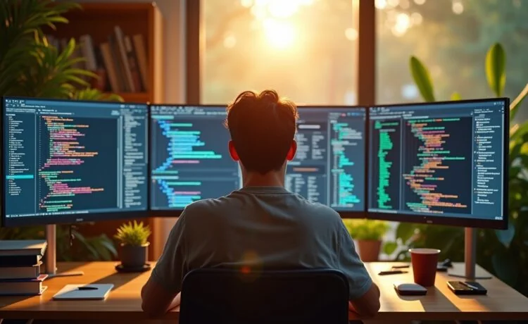 Ein strahlend helles, natürlich beleuchtetes Büro mit einem konzentrierten Softwareentwickler vor einem mehrbildrigen Bildschirm voller farbiger Codezeilen und Datenvisualisierungen, umgeben von warmem Holz und lebendig grünen Pflanzen, das die komplexe, menschlich-unterstützte KI-gestützte Malware-Erkennung in einer modernen, einladenden Arbeitsumgebung authentisch widerspiegelt.