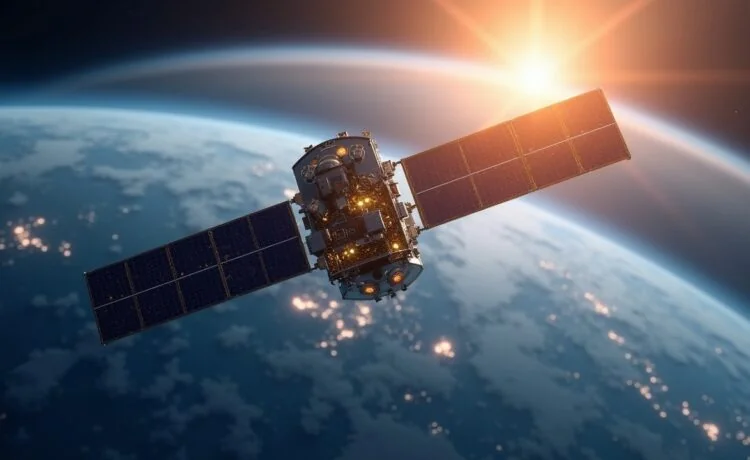 Ein sonnenbeschienener Satellit mit feinen technischen Details schwebt elegant im strahlend blauen Erdorbit, während sanftes, warmes Tageslicht die moderne KI-Hardware in lebendigen Farben hervorhebt und eine Atmosphäre von Zukunftsoptimismus und menschlichem Fortschritt vermittelt.