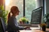 Ein freundliches, modernes Büro mit natürlichem Tageslicht, in dem eine lächelnde Person konzentriert vor einem hellen Windows-11-PC sitzt, auf dessen Bildschirm dezent die Microsoft Copilot-Seitenleiste zu sehen ist – eine einladende Szene, die den optimistischen Alltag und die smarte Unterstützung durch KI im digitalen Workspace lebendig einfängt.