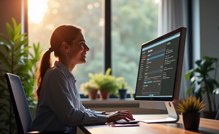 Ein freundliches, modernes Büro mit natürlichem Tageslicht, in dem eine lächelnde Person konzentriert vor einem hellen Windows-11-PC sitzt, auf dessen Bildschirm dezent die Microsoft Copilot-Seitenleiste zu sehen ist – eine einladende Szene, die den optimistischen Alltag und die smarte Unterstützung durch KI im digitalen Workspace lebendig einfängt.