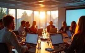 Ein hell erleuchteter, moderner Konferenzraum mit engagierten IT-Experten in smart-casual Kleidung, die konzentriert vor Laptops und großen Bildschirmen sitzen, während warmes Tageslicht durch große Fenster fällt und eine Atmosphäre von innovativem Austausch und digitaler Zukunftssicherheit schafft.