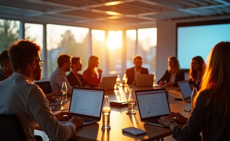 Ein hell erleuchteter, moderner Konferenzraum mit engagierten IT-Experten in smart-casual Kleidung, die konzentriert vor Laptops und großen Bildschirmen sitzen, während warmes Tageslicht durch große Fenster fällt und eine Atmosphäre von innovativem Austausch und digitaler Zukunftssicherheit schafft.