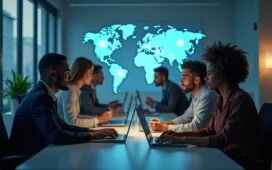 In einem hell erleuchteten, modernen Büro sitzen konzentrierte Menschen unterschiedlichen Alters und Herkunft an Bildschirmen, während im Hintergrund subtil ein digital animiertes Interface mit KI-Algorithmen und Sicherheitsgraphen schwebt – eine warmherzige, realistische Szene des verantwortungsvollen Zusammenwirkens von Mensch und Maschine bei der digitalen Inhaltsmoderation.