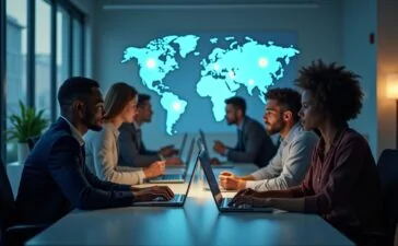 In einem hell erleuchteten, modernen Büro sitzen konzentrierte Menschen unterschiedlichen Alters und Herkunft an Bildschirmen, während im Hintergrund subtil ein digital animiertes Interface mit KI-Algorithmen und Sicherheitsgraphen schwebt – eine warmherzige, realistische Szene des verantwortungsvollen Zusammenwirkens von Mensch und Maschine bei der digitalen Inhaltsmoderation.